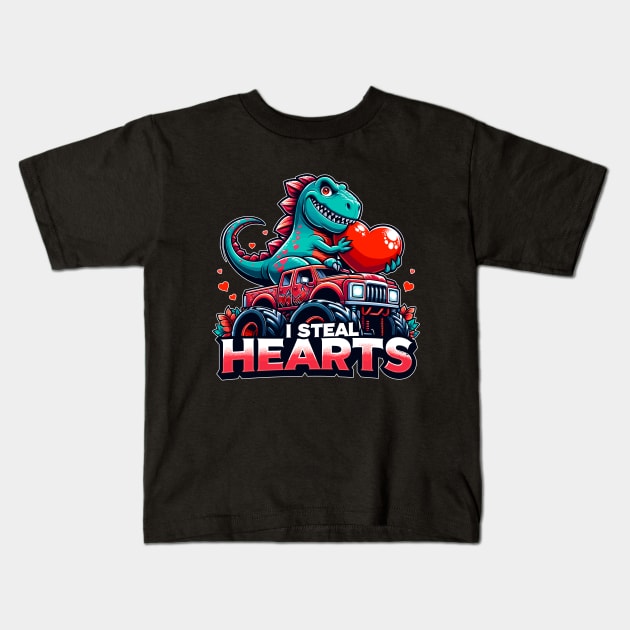 I Steal Hearts Valentines Day Dinosaur Kids T-Shirt by sufian